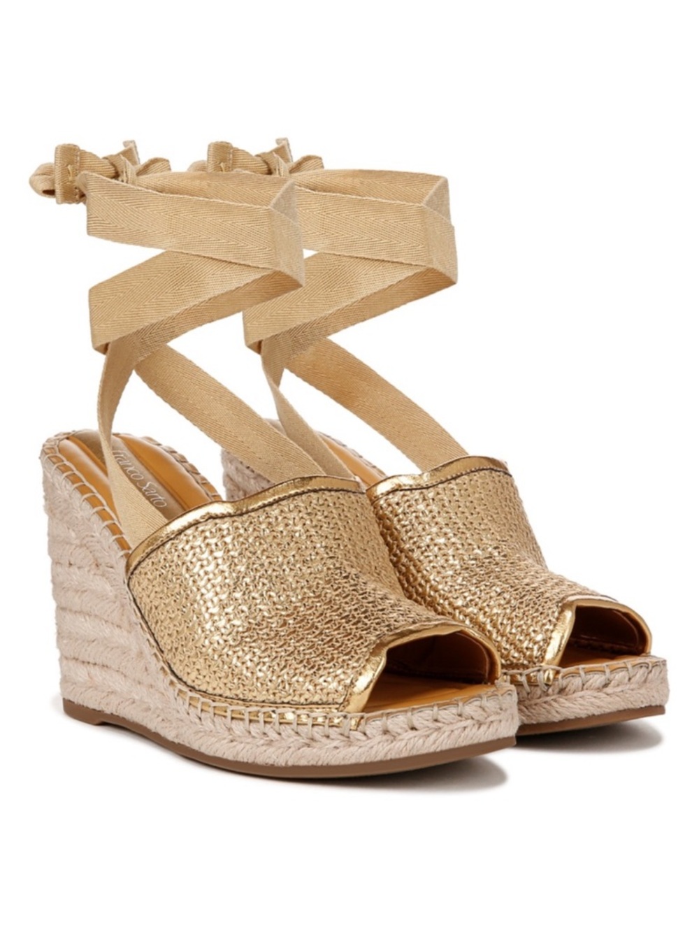 Franco Sarto Metallic Gold Woven Espadrille Wedges with Ankle Ties